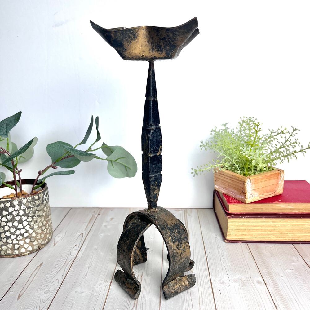 Vintage Mid-Century Brutalist Spanish Revival Rustic Wrought Iron Candle Holder